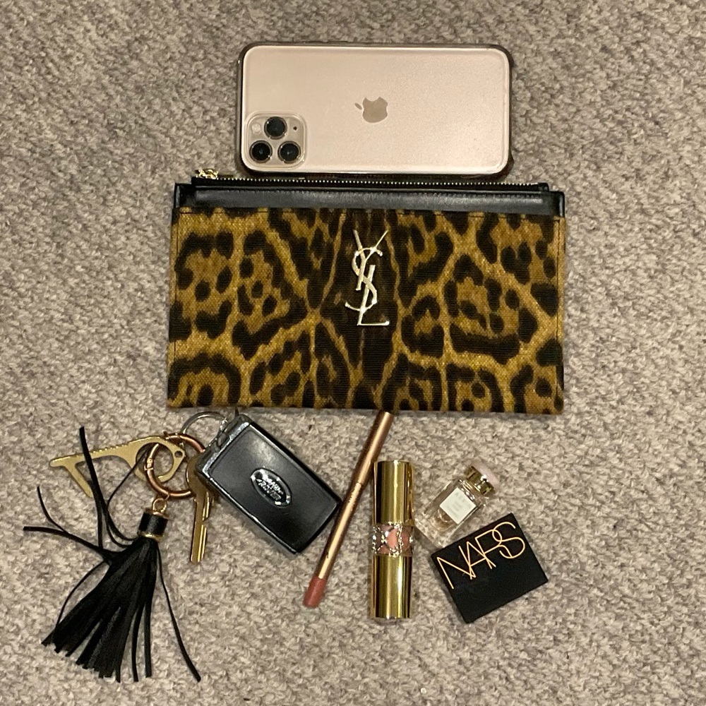 SAINT LAURENT Canvas Leopard Monogram Pouch